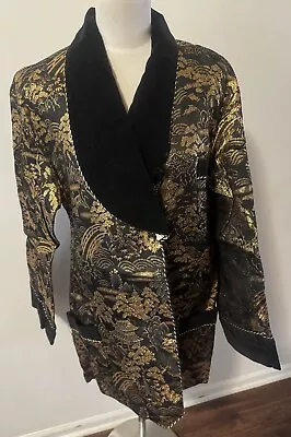 Men's Vintage Asian Novelty Shawl Collar Brocade Smoking Jacket Robe M FLAW • $65