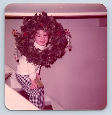 Vintage Photograph Snapshot Of Cute Girl W/ Face In Christmas Wreath • $4.99