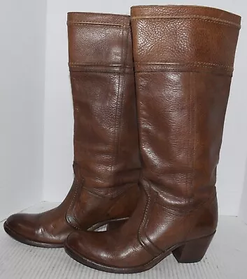 FRYE JANE Brown Rugged Leather Knee High Riding With Block Heel Boots Sz 8.5 • $134.95