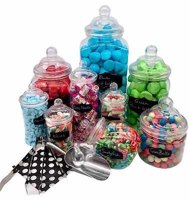 9 Plastic Sweet Jars Blackboard Stickers Chalk Pencil Scoop Tong Candy Buffet  • £19.99