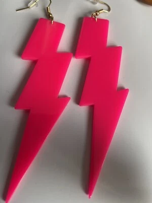 Fancy Dress Earrings 70’s 80’s Pink Lightening Bolt New • £1.99