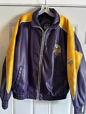 Minnesota Vikings NFL Game Day Faux Leather Lined Bomber Jacket Large Well Worn • $25.97