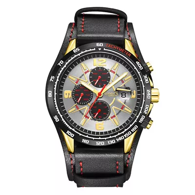 Mens Automatic Watch Black Gauge Racer Leather Strap White Dial GAMAGES • £59.99