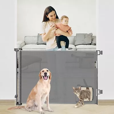 New Retractable Dog Gate With Cat Door 55” Wide Retractable Baby Gate With ... • $199.79