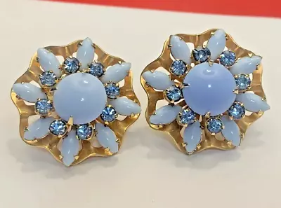 Vintage 50s Rhinestone Blue Milk Glass Cabochon Clip On Gold Tone MCM Earrings • $25