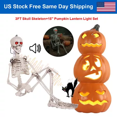 15  3-Tier Halloween Pumpkin Light Jack O Lanterns + 3FT Skull Skeleton Bones US • $86.86