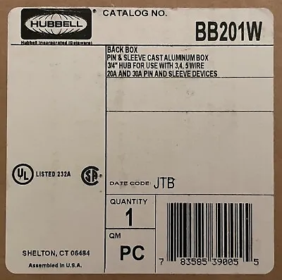 HUBBELL Cat No. BB201W Pin & Sleeve Back Box 3/4” Hub Aluminum Cast • $25