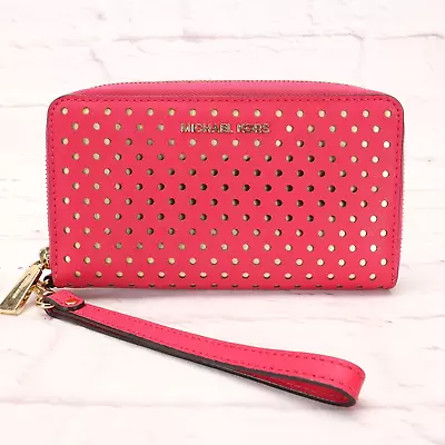 Michael Kors Women's Eyelet Zip Phone Wallet Wristlet Medium Raspberry Leather • $35.99