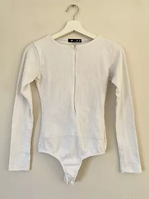 Womens Missguided White Ribbed Zip Up Long Sleeve Bodysuit Top Size 10 • £6