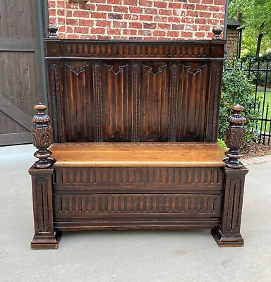 Antique French Bench Settee Gothic Revival Oak Lift Top Seat Storage Trunk 19C • $1945