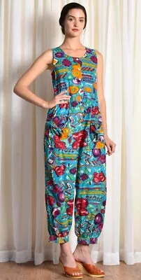 Vintage 80s Bold Bright Dopamine Honors Floral Print Jumpsuit Bubble Romper XL  • $74.99