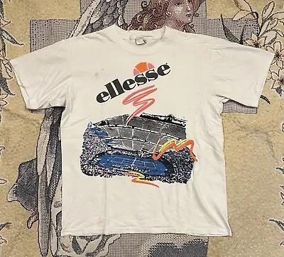 Vintage 1990s 90 Ellesse Italy Tennis Court Ball Art T-Shirt Made In USA Large • $34.95