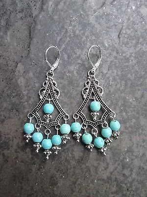 $16 • Buy Turquoise Boho Chic Chandelier Earrings With Sterling Silver Lever Backs