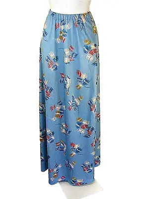 1970s Maxi Skirt Blue Print Polyester Deadstock  70s Disco Vintage Clothing Sm • $51.27