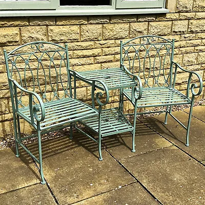 Garden Companion Seats Metal Pistachio Green 2 Seater Love Bench Middle Tables • £195