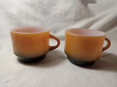 2 Vintage Fire King Anchor Hocking Orange Black Stackable Coffee Cup Mugs (R235) • $9.99