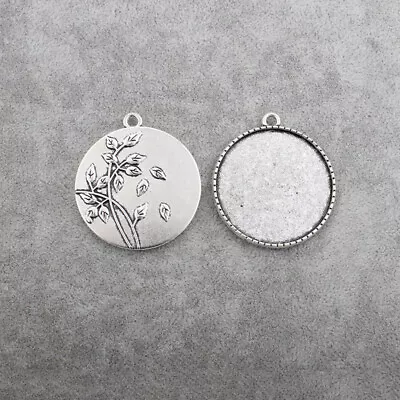 £3.71 • Buy 5/10 X Antique Silver 35mm Round Cameo Cabochon Leaf Pendant Setting Blank Trays