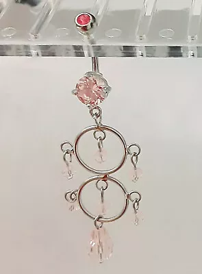 Belly Ring Vintage Pink Gems/Crystals Fancy Dangle Naval Steel Body Jewelry • $9.99