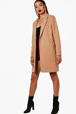 Boohoo Double Breasted Military Duster Coat Camel UK 10 EU 38 - BNWT • $31.07