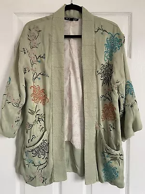 Zara Light Sea Foam Green Floral Embroidered Satin Kimono Size S-M  • £45
