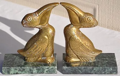 Vintage Brass Pelican Green Marble Bird Figurine Bookends Pair Old Antique • $99.50