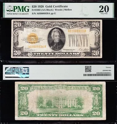 VERY NICE Bold & Crisp VF 1928 $20 GOLD CERTIFICATE! PMG 20! FREE SHIP! 08939A • $209.50