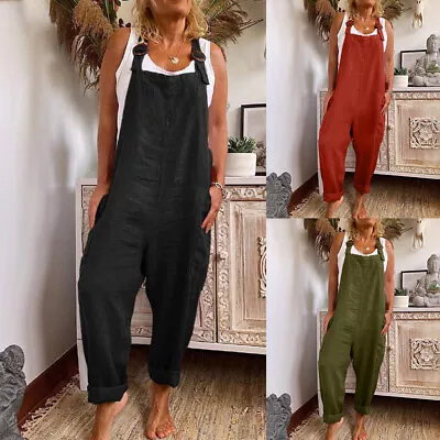 Women Cotton Linen Jumpsuit Plus Size Playsuit Overall Romper Trousers Dungaree • $34.86