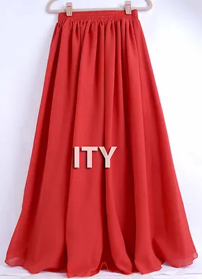 Red - Chiffon Double Layer Maxi Skirt Women Pleated Retro Long Dress Elastic • $19.79