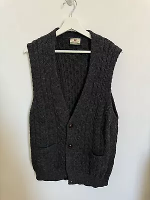 Carraig Donn Fisherman 100% Irish Wool Cardigan Sweater Vest Sz L Charcoal • $34.99