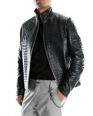Black Crocodile Italian Handmade Men Genuine Leather Slim Fit Jacket XS To 2XL • $605