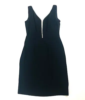 Vtg 1960s Black Sleeveless Cocktail Evening Dress W/Rhinestones V-Neck Holidays • $48