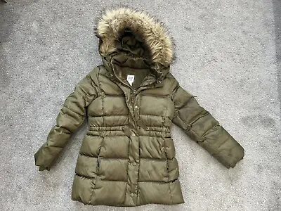 Gap Long Winter Girls Kids Green Hooded Down Puffer Coat Jacket  Age 6-7 Yr • £10