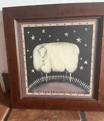 Vtg Wood Framed Folk Art Sheep Print/Painting Farmhouse Country Style 13”x11” • $18