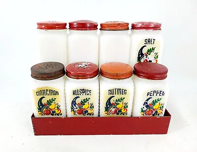 Vintage McKee Tipp City Milk Glass Red Spice Rack Jars Set • $38.58