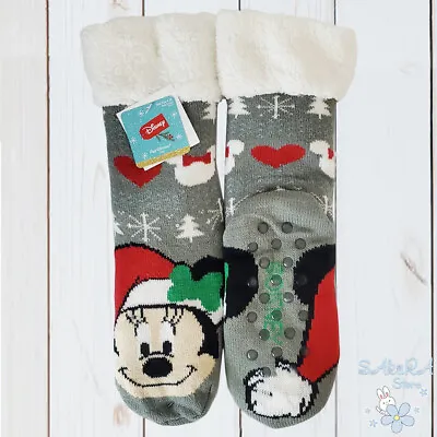 Nwt Mickey Minnie Mouse Christmas Winter Women's Long Slippers Socks Grippers • $13.99