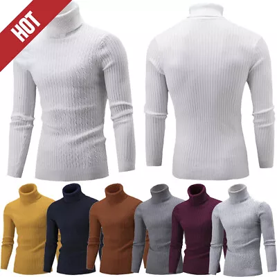 Mens Winter Knitted Turtleneck Sweater Long Sleeve Solid Jumper Knitwears Tops • $16.99