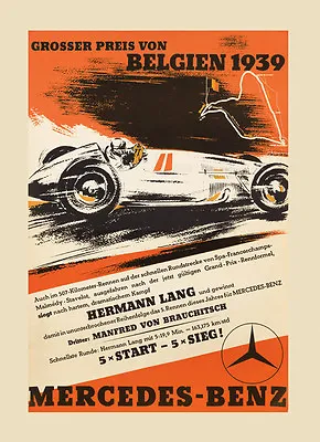 1939 Belgium  Mercedes Benz Car Race Grand Prix Vintage Poster Repro FREE S/H • $17.90