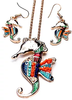 Bright Colorful Enamel Sea Horse Pendant 20  Gold Tone Necklace & Earring Set • $12.74