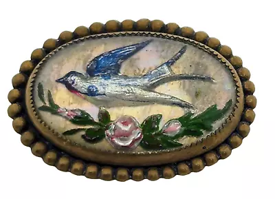 Antique Mourning Swallow Reverse Painted Bubble Glass Victorian Mourning Brooch • $89.90