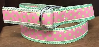 Leather Man Ltd D Ring Belt Green Canvas Pink Ribbon Polka Dots Sz M 1-1/4”Wide • $14