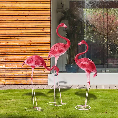 Metal Pink Flamingo Statues Set Garden Pond Flamingo Party Ornament Decoration • £32