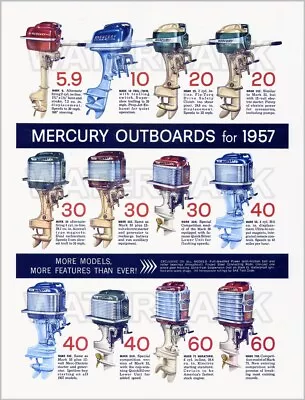 1957 Mercury Outboard Illustration 12 Models Mark 6 10 25 30 55 75 • $11.95