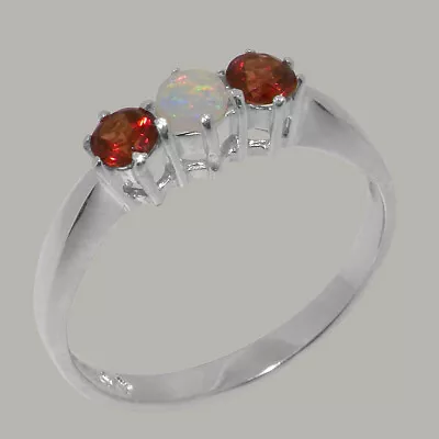 Solid 9ct White Gold Natural Opal & Garnet Womens Trilogy Ring - Sizes J To Z • $783.65