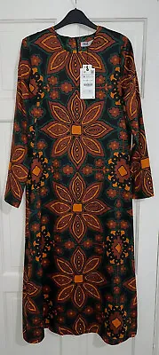 Zara Green Multi  Ethnic Floral Print Midi A-line Dress With Pockets Size M Bnwt • $37.29