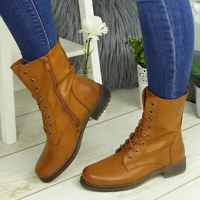 Mid Calf Boots Ankle Shoes Ladies Biker Zip Lace Up Winter Casual Womens Size • £20.69