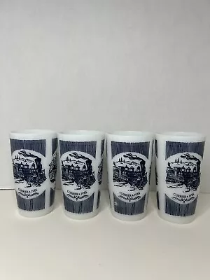 CURRIER & IVES Set Of 4 Milk Glass  Summertime  8 Oz Tumblers  EXCELLENT COND • $30