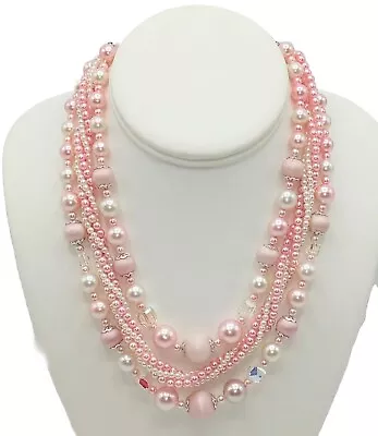 Vintage Pink Pearl & AB Crystal Multi Strand Necklace Japan • $22