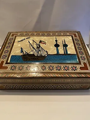 Vtg Wood Trinket Box Mosaic Inlay Ship Mother Of Pearl Hinged 7.5 X 5.5  Egypt • $29.99