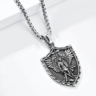 Men Archangel Necklace Vintage Stainless Steel Saint St Michael Pendant Chain • $10.44