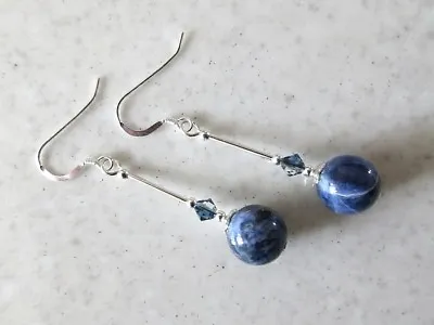 Navy Blue Sodalite Earrings With Swarovski Crystals & Sterling Silver Tubes • £17.50